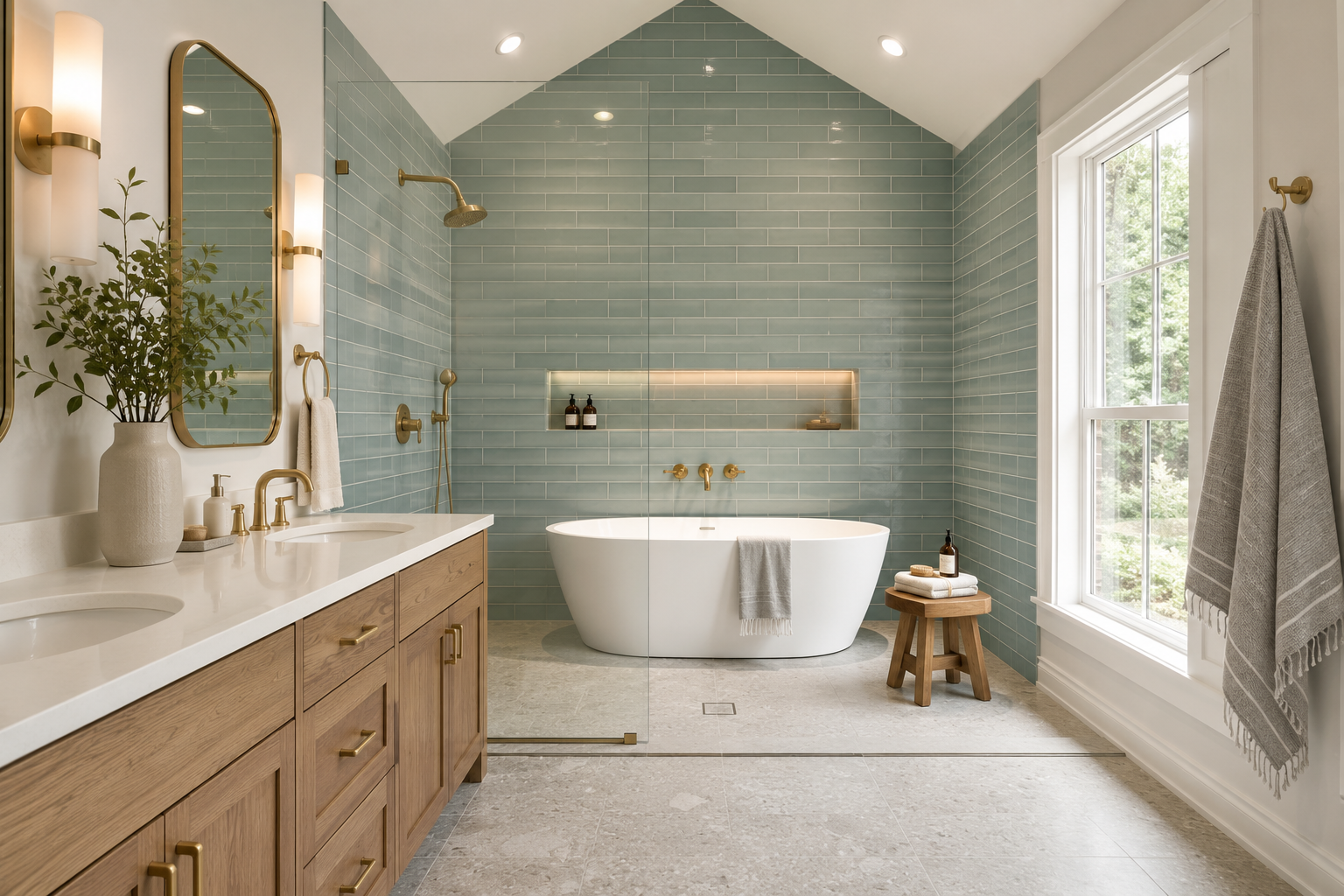 bathroom remodel with green accent tiles